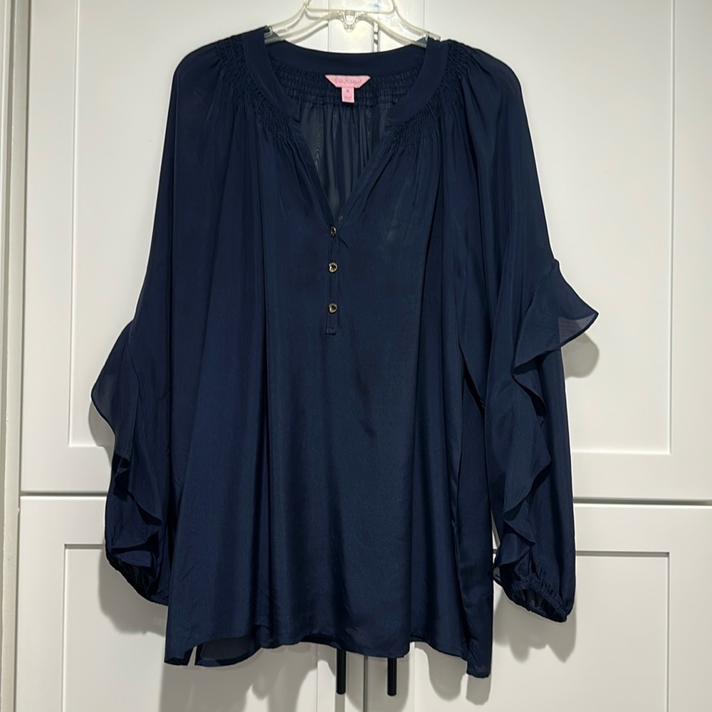 Lilly Pulitzer 100% silk navy blue blouse size large